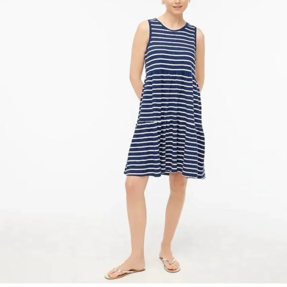 J. Crew Navy/White Striped Tiered Dress Sleeveless Knit Mini Nautical M - Picture 15 of 15